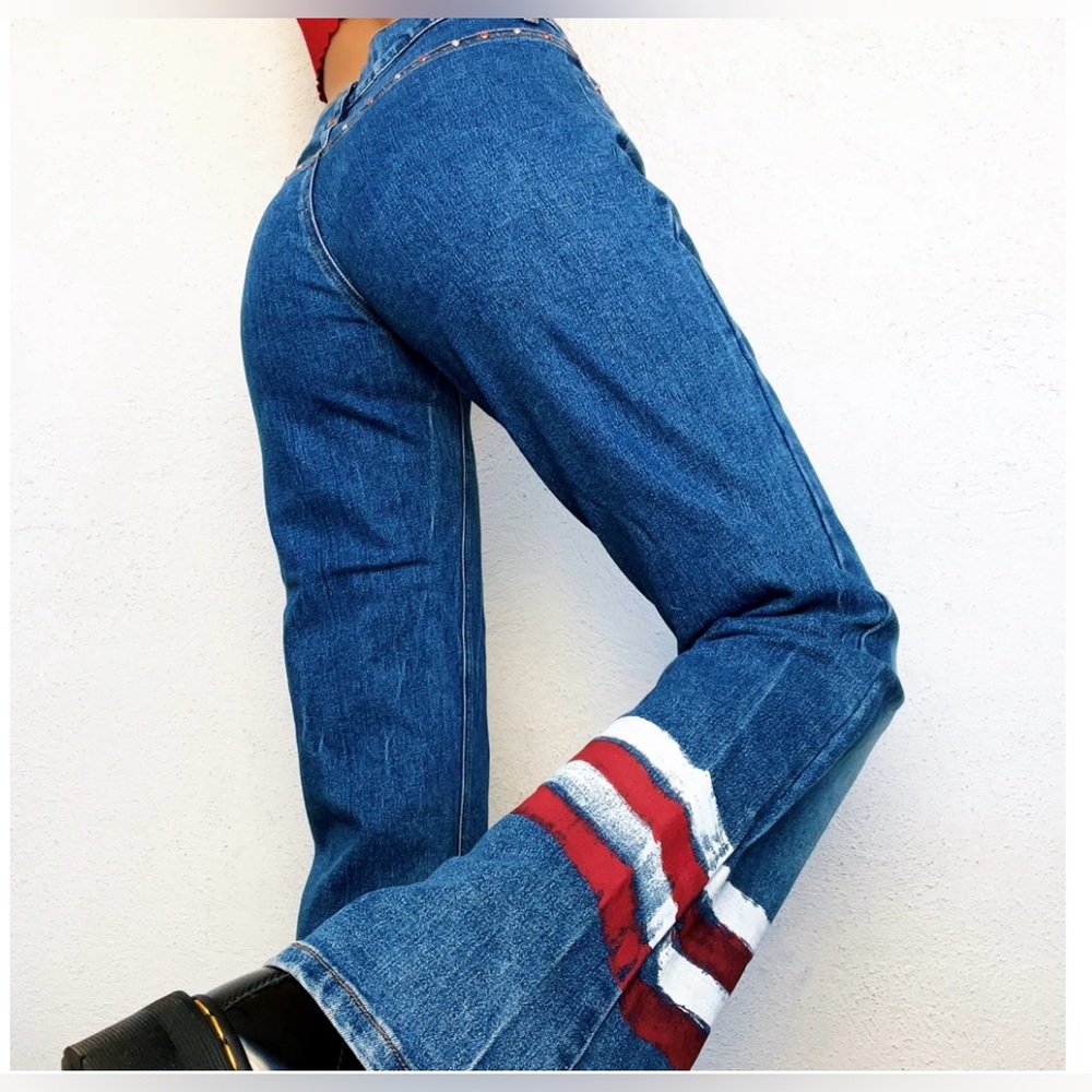 Vintage Early 2000s Cool Wear Blue flare jeans with American flag print size 1 - Picture 5 of 11